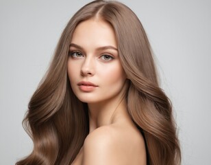 Naklejka premium Portrait of a beautiful young woman with clean, fresh skin and long, thick hair. ai generator