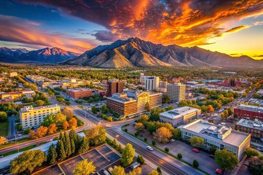 Aerial View of Provo, Utah Downtown Skyline at Sunset - Drone Photography