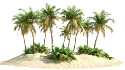 Tropical oasis with lush palm trees on sand dunes, isolated transparent background