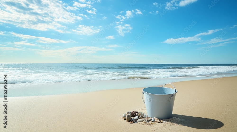 Poster A pristine beachcombing setup with a bucket and beach finds neatly placed on the sand, A sunny beachfront with gentle waves and soft sand, Minimalist leisure style