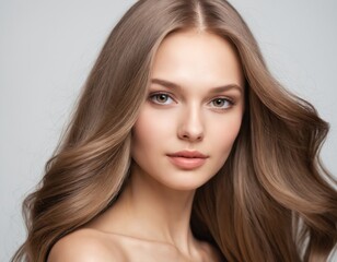 Naklejka premium Portrait of a beautiful young woman with clean, fresh skin and long, thick hair. ai generator