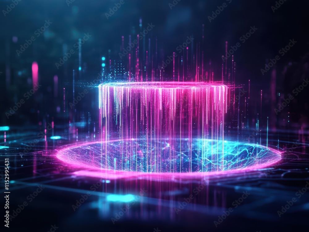 Poster a futuristic lab, where neural networks appear as holographic waterfalls, rendered in luminous water