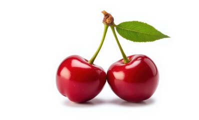 Fresh red cherries with green leaf