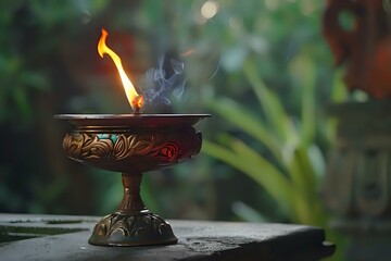 Ornate Metal Oil Lamp Burns Brightly, Illuminating Tranquil Nature Scene with Smoke Rising Gently in Serene Atmosphere, Creating Spiritual Ambiance, Fostering Peace and Reflection.