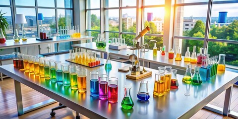 Aerial View of Scientific Lab: Table of Vials and Bottles