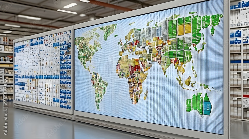 Poster global data visualization display warehouse digital map interactive environment wide angle technolog
