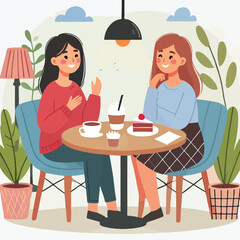 Flat young girl friends in cafe on meeting vector image vector on a white background