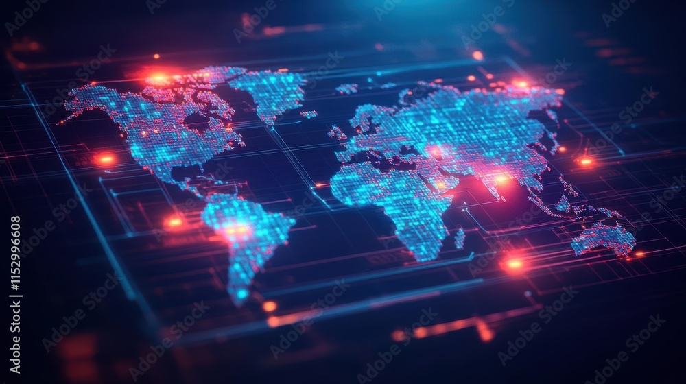 Poster a holographic 3d map of the world with glowing data nodes, surrounded by futuristic technology, scif