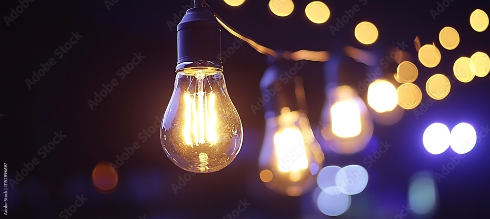 Poster illuminated edison bulb with bokeh lights in the background