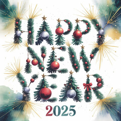A picture of a happy new year with a picture of a pine tree and snowflakes

