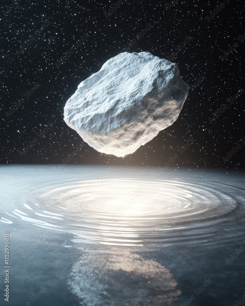 Poster levitating cosmic stone creates ripples in tranquil water pool space setting digital art serene view