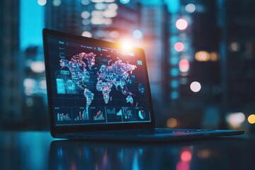 A laptop displaying an international team in a virtual call, world map glowing in the background, futuristic global collaboration theme, sharp detail