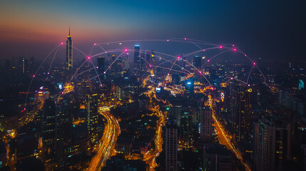 Fototapeta premium Smart digital city with connection cyber security network reciprocity over the cityscape . future smart wireless digital city and social media networking systems that connects people within the city