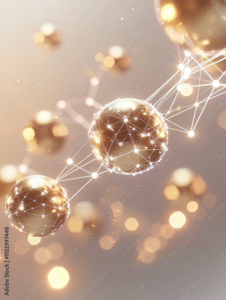 Poster floating gold spheres connected by glowing lines in abstract digital space futuristic environment cl