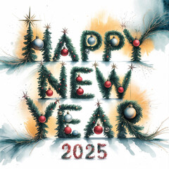 A picture of a happy new year with a picture of a pine tree and snowflakes
