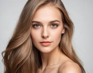 Fototapeta premium Portrait of a beautiful young woman with clean, fresh skin and long, thick hair. ai generator
