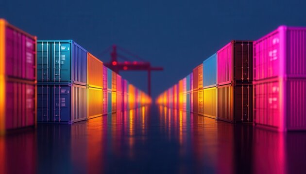Vibrant night view of shipping containers with colorful lights and a crane in the background.