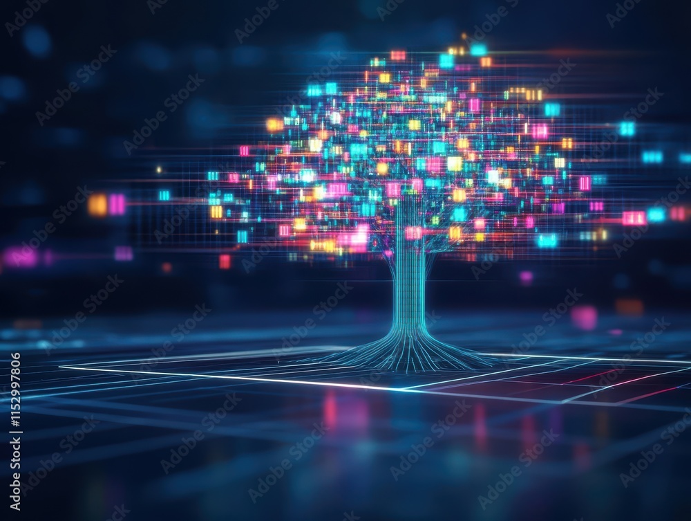 Poster a massive holographic data tree growing in a dark virtual space, glowing with multicolored neon ligh