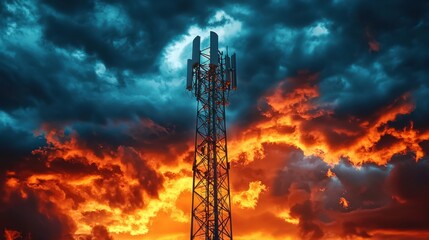Dramatic Fiery Sky with Ominous Stormy Clouds and Towering Communication Antenna in Apocalyptic Landscape