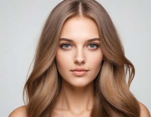 Fototapeta premium Portrait of a beautiful young woman with clean, fresh skin and long, thick hair. ai generator