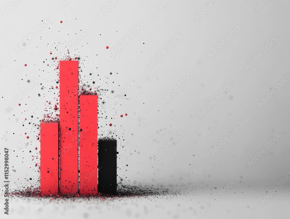 Aufkleber a minimalist red bar graph disintegrating into particles, futuristic style, black and white contrast