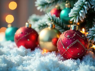 Naklejka premium Festive Glass Baubles, Sparkling Tinsel, Holiday Background, Vibrant Colors, 3D Render