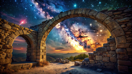 stunning cosmic landscape featuring ancient stone arches against vibrant galaxy backdrop. scene blends rustic architecture with mesmerizing starry sky, evoking sense of wonder and exploration