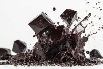 Dark Chocolate splash with Small Chocolate Bars isolated.