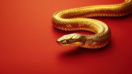 Fototapeta premium A golden snake gracefully coiled on a vibrant red background, showcasing its shimmering scales and sleek form.