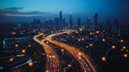 Fototapeta premium Smart digital city with connection cyber security network reciprocity over the cityscape . future smart wireless digital city and social media networking systems that connects people within the city