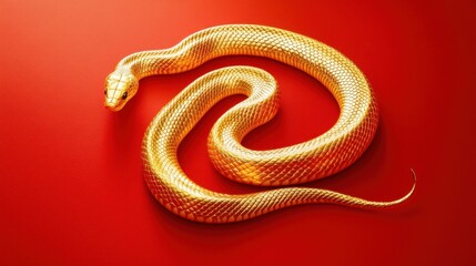 Fototapeta premium A sleek, golden snake curls gracefully against a vibrant red background, showcasing its striking color and smooth texture.