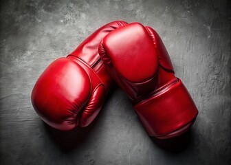 Aerial View Red Boxing Gloves Grey Background - Sport Fight Training Concept