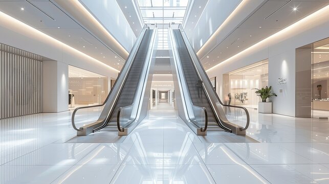 Modern minimalist mall interior with two escalators ascending towards a skylight.