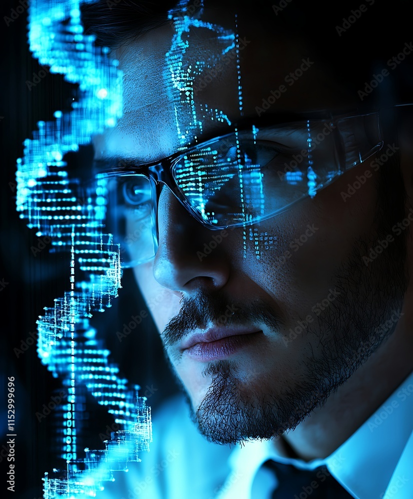 Aufkleber man with futuristic glasses analyzing digital data stream.