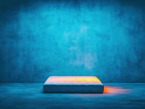 A single mattress on the floor of a bare room, lit by a faint, flickering light, creating a stark, emotional image of loneliness
