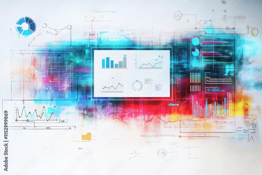 Poster A sleek watercolor of a remote workspace with a digital whiteboard, dynamic graphs, and flowcharts