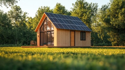 Obraz premium A modern wooden house with solar panels, surrounded by lush greenery, set against a serene natural backdrop.