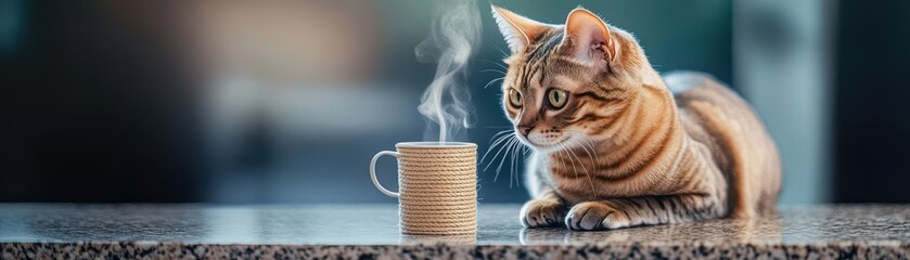 A sleek Abyssinian cat with alert, curious eyes crouched next to a steaming cup of coffee on a spotless granite counter, cinematic lighting