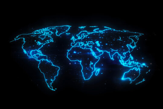 Fototapeta A blue world map on a black background