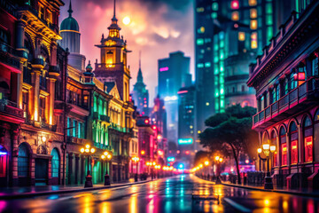 Naklejka premium vibrant cityscape featuring vintage architecture illuminated by neon lights, creating ethereal atmosphere reminiscent of bygone era. scene captures dreamlike quality with colorful hues