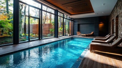 A serene indoor pool area featuring large windows that offer views of lush greenery, complemented by comfortable lounge chairs.