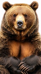 A close-up of a brown bear, showcasing its powerful physique and expressive features.