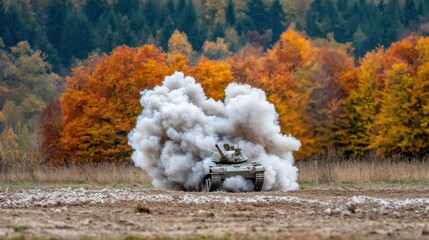 Powerful Army Tank Exploding in Vibrant Autumn Landscape