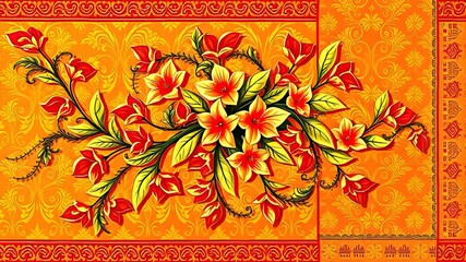 Floral sprig Ajrakh batik border, seamless digital print.