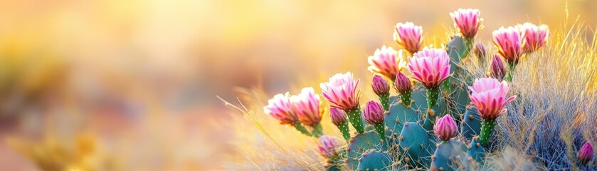 Obraz premium A tranquil scene of blooming cacti on a desert hillside, with soft shadows and a warm golden glow from the rising sun