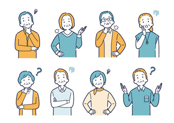 考えたり悩んだりする高齢者のイラストセット＿上半身