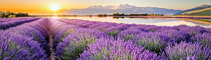 Fototapeta premium A serene lavender field at sunrise, reflecting mountains and water.
