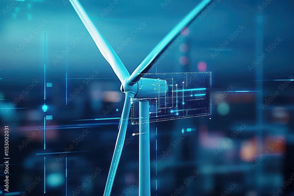 Aufkleber a wind farm integrated with ai for realtime efficiency optimization, top view, focusing on innovatio
