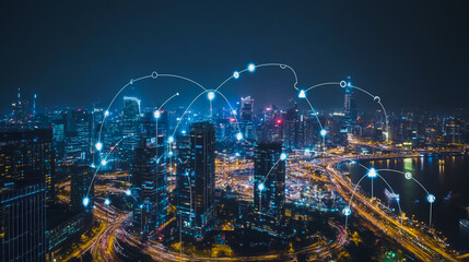 Smart digital city with connection cyber security network reciprocity over the cityscape . future smart wireless digital city and social media networking systems that connects people within the city