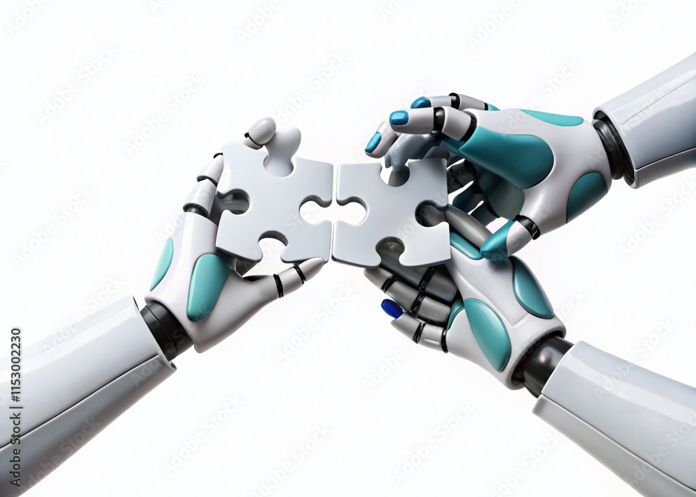 Aufkleber ai teamwork: robotic hands solve complex puzzle - panoramic tech stock photo